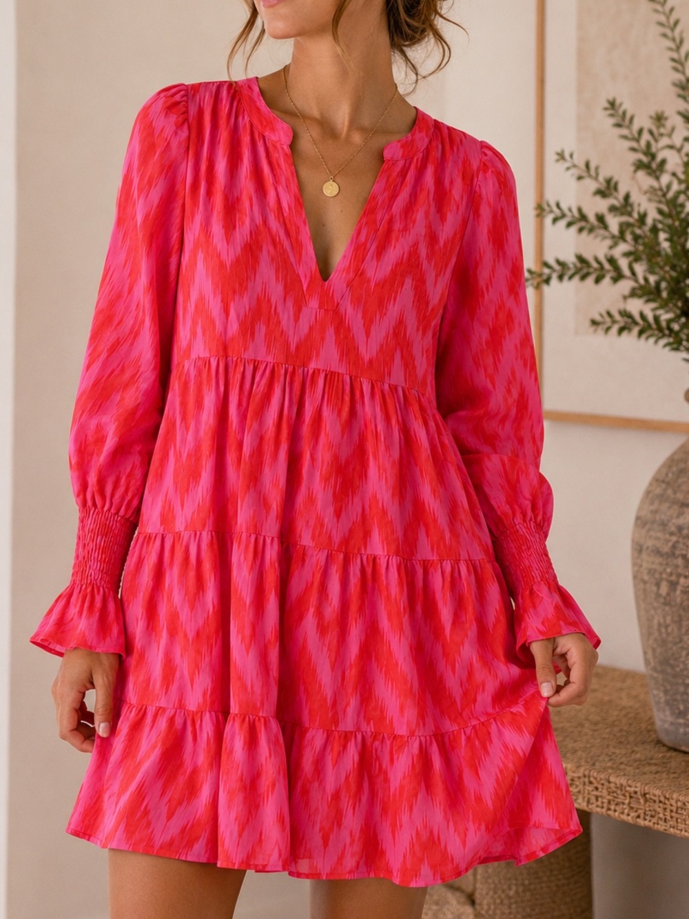 Pomander Place Pink Red Ikat Tiered Mini Dress Medium Smocked Sleeve Tuckernuck